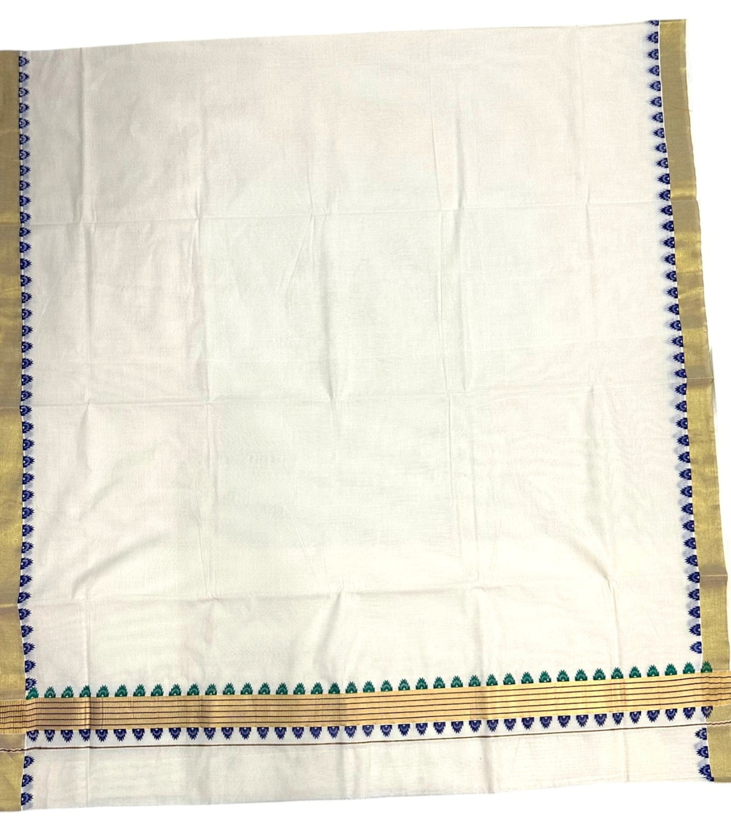 Southloom Kerala Cotton Kasavu Saree With Blue and Green Printed Borders