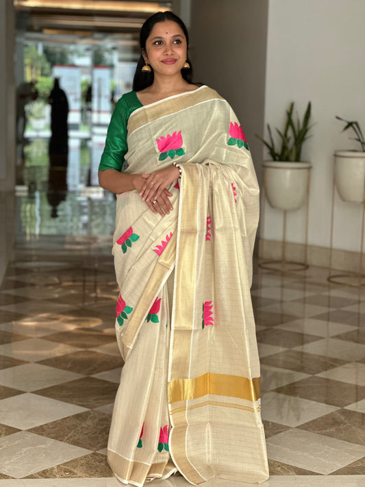 Southloom Tissue Kerala Kasavu Saree with Lotus Embroidery Design in Pink and Green SL289