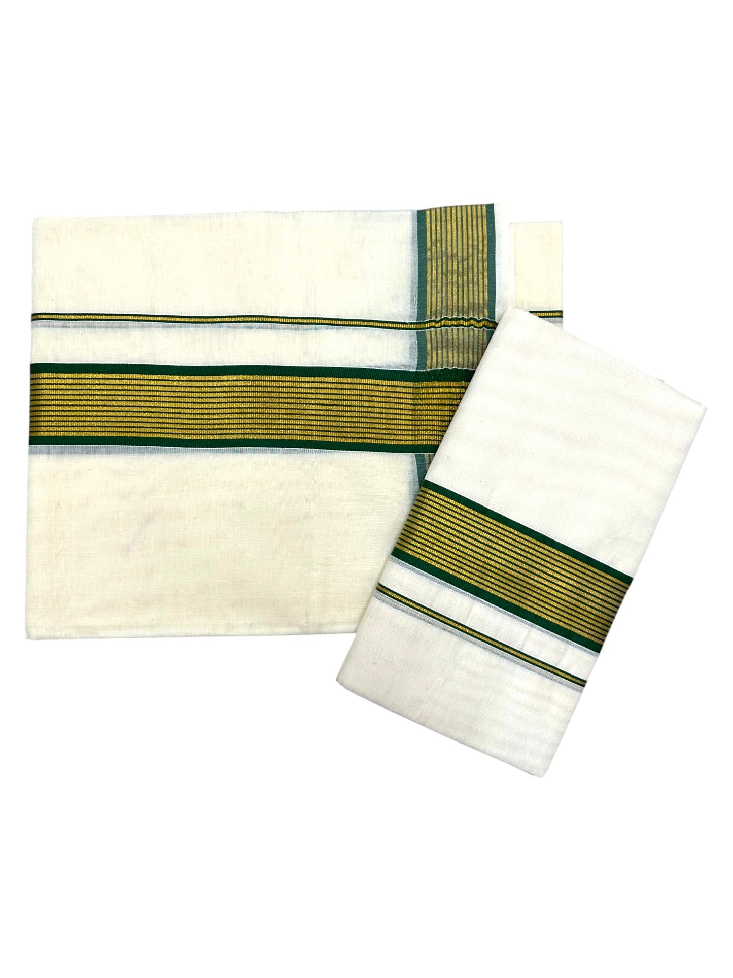 Kerala Cotton Single Set Mundu With Green And Golden Kasavu Border (2.80 mtrs) SLKK SL413