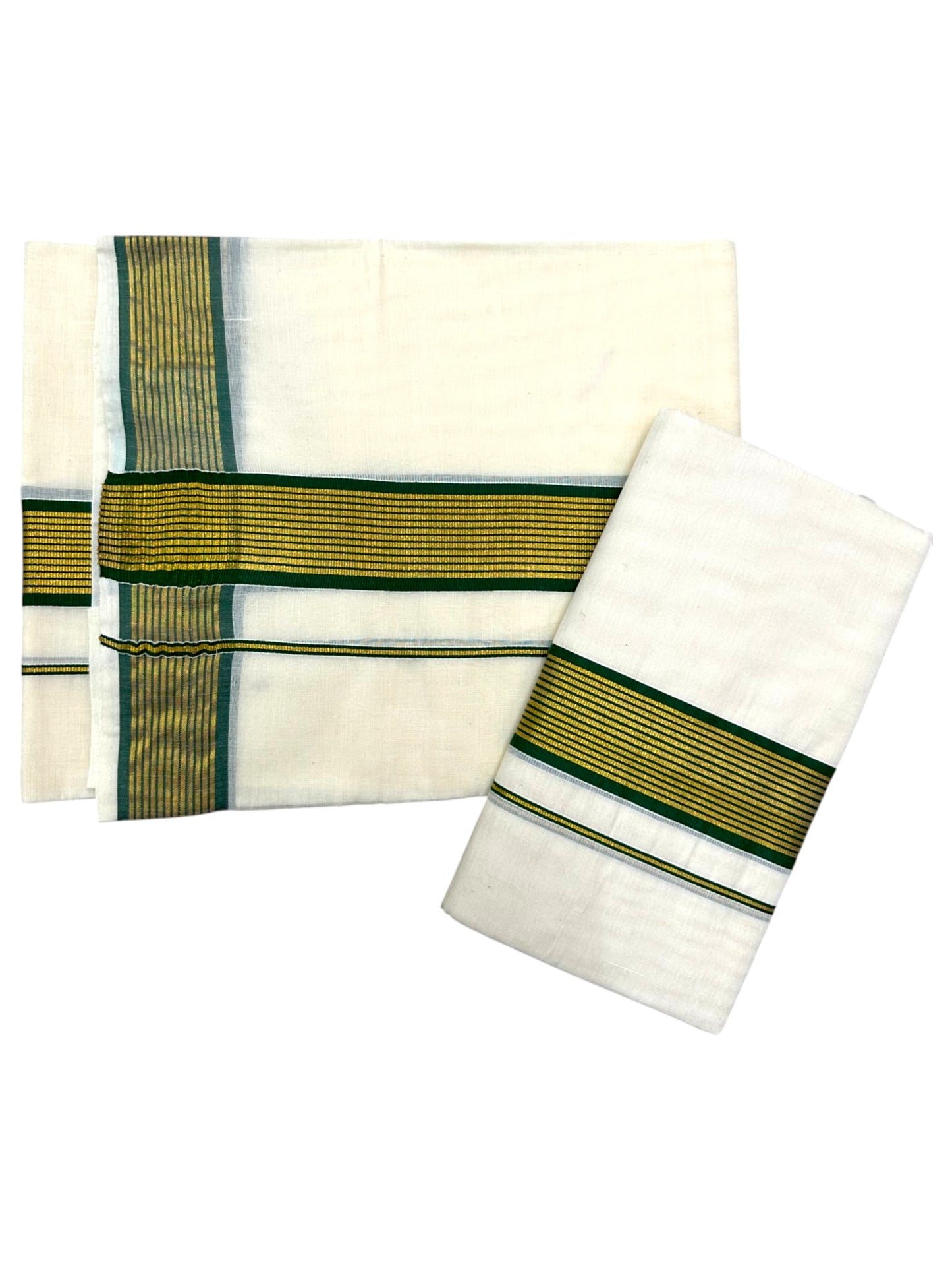 Kerala Cotton Single Set Mundu With Green And Golden Kasavu Border (2.80 mtrs) SLKK SL413