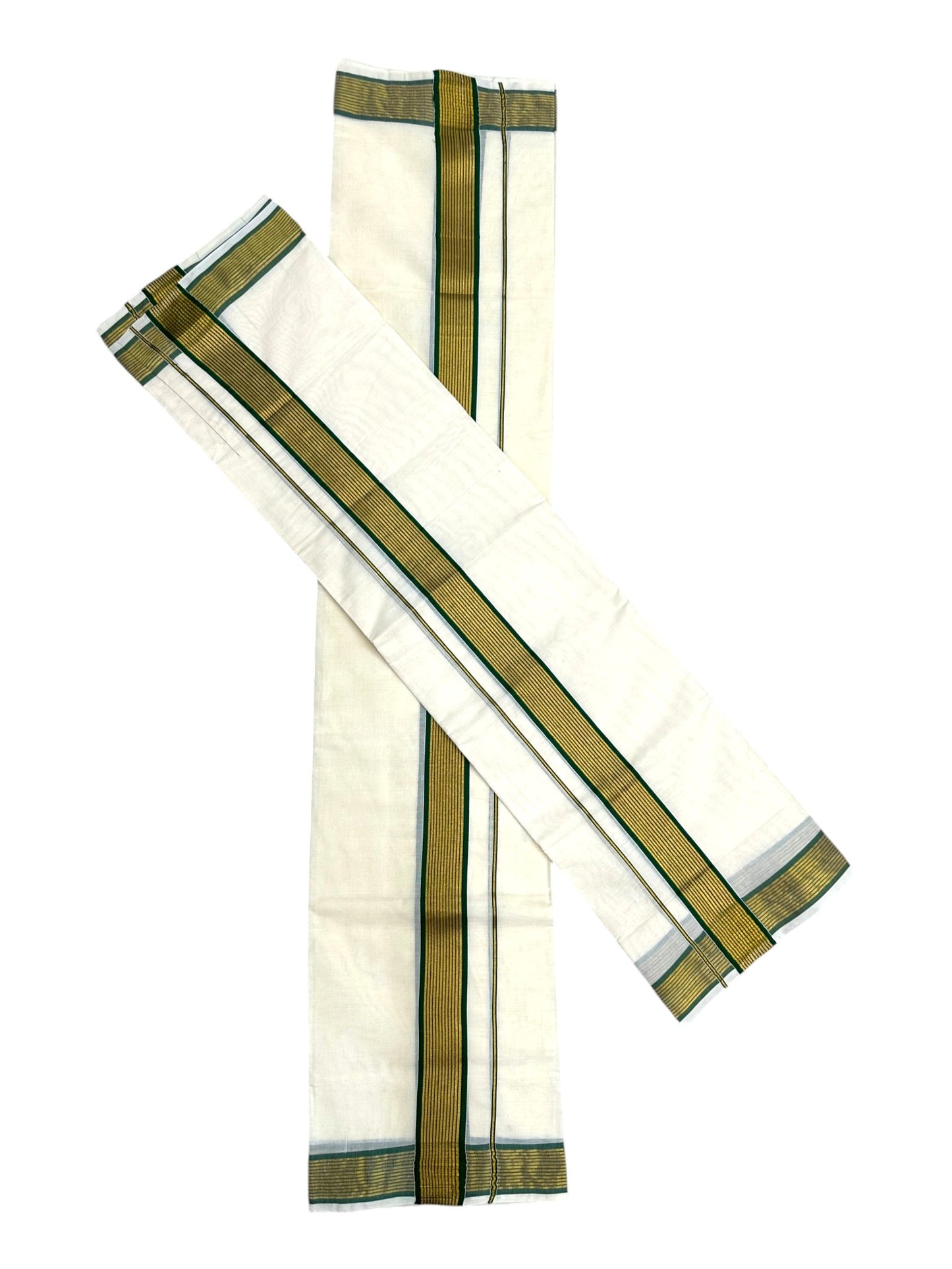 Kerala Cotton Single Set Mundu With Green And Golden Kasavu Border (2.80 mtrs) SLKK SL413