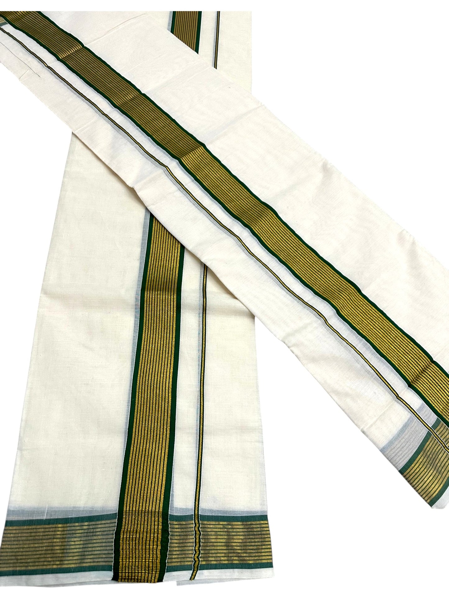 Kerala Cotton Single Set Mundu With Green And Golden Kasavu Border (2.80 mtrs) SLKK SL413