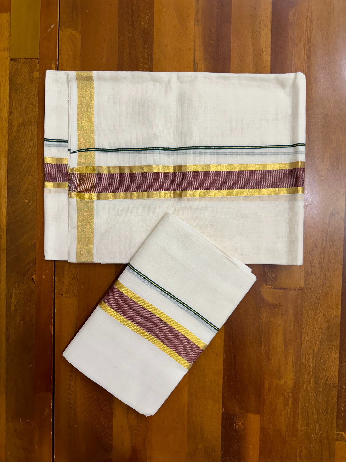 Southloom Premium Handloom Kasavu Set Mundu with Maroon Muthu Kara