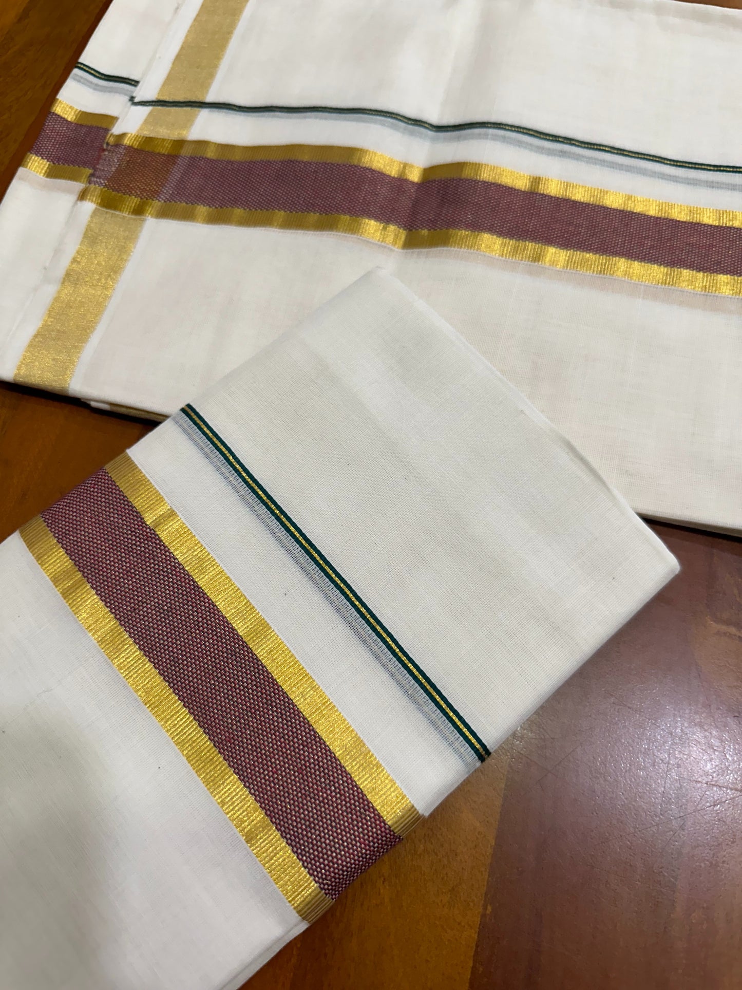 Southloom Premium Handloom Kasavu Set Mundu with Maroon Muthu Kara