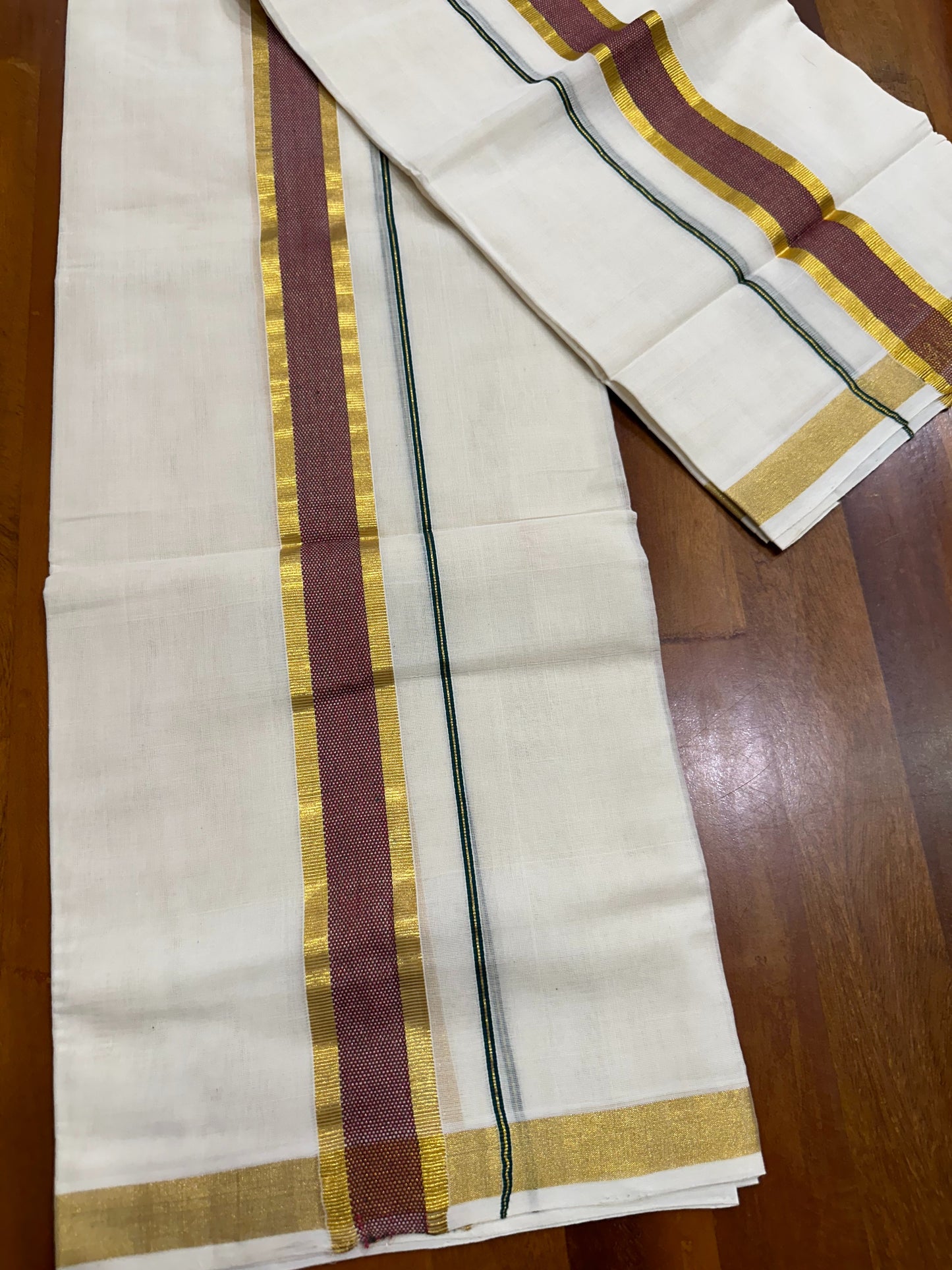 Southloom Premium Handloom Kasavu Set Mundu with Maroon Muthu Kara