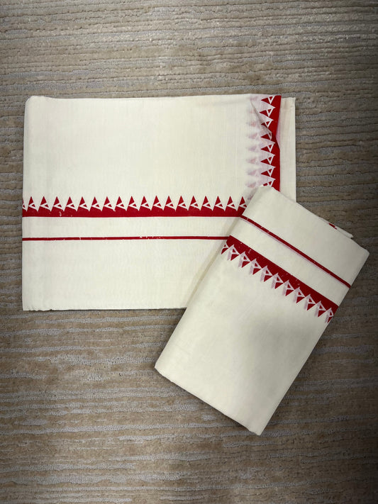 Kerala Cotton Set Mundu (Mundum Neriyathum) with Red Block Prints on Body