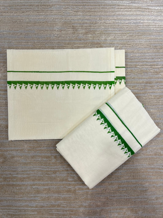 Kerala Cotton Set Mundu (Mundum Neriyathum) with Olive Green Block Prints on Body