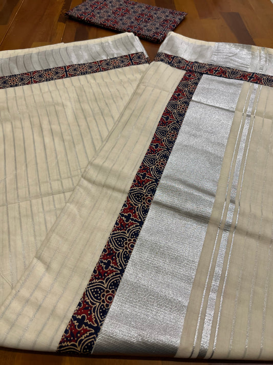Kerala Pure Cotton Silver Kasavu Striped Saree with Ajrakh Stitched Borders and Matching Blouse Piece