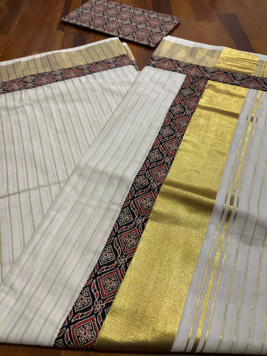 Kerala Pure Cotton Kasavu Striped Saree with Ajrakh Stitched Borders and Matching Blouse Piece