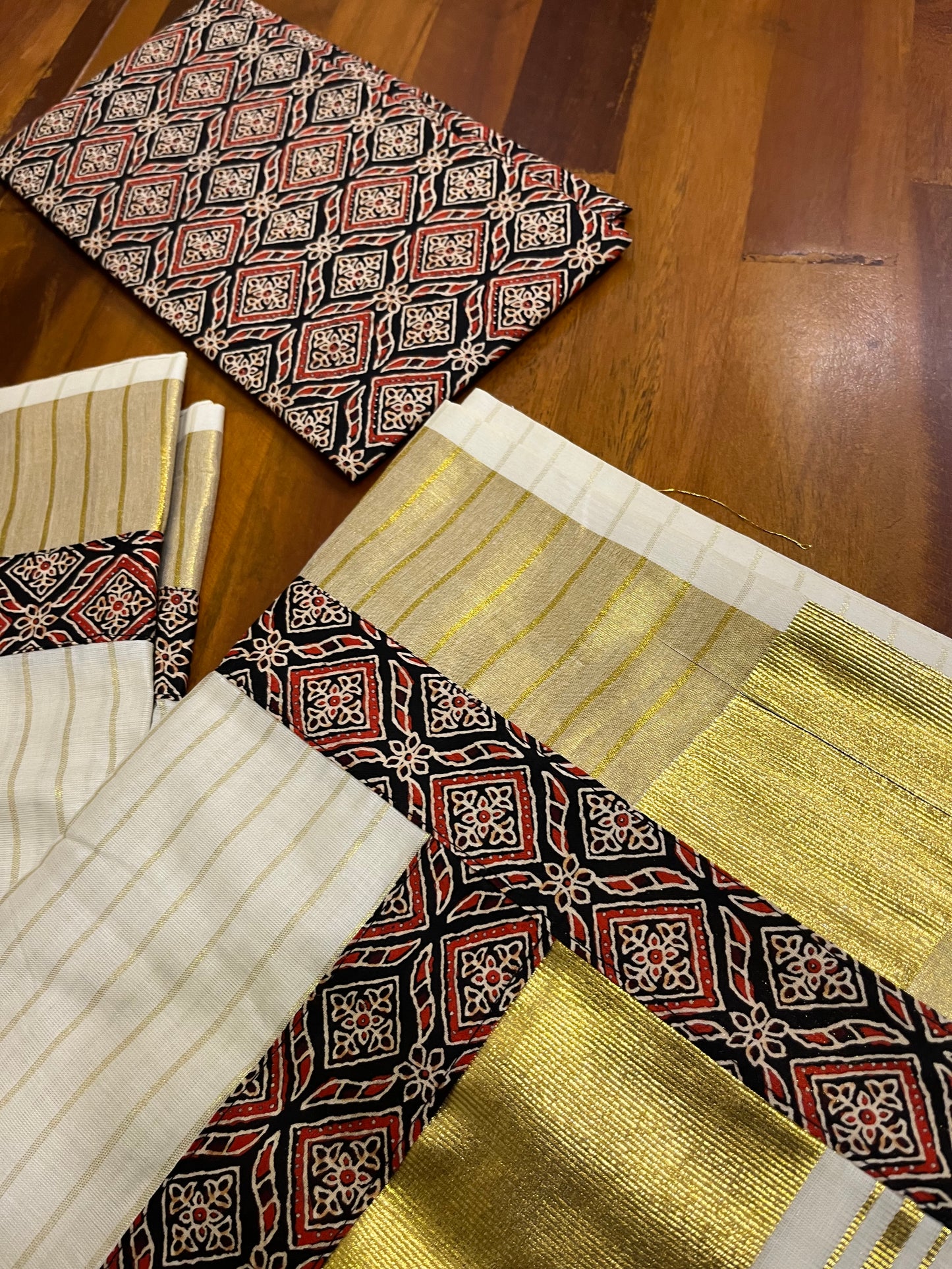 Kerala Pure Cotton Kasavu Striped Saree with Ajrakh Stitched Borders and Matching Blouse Piece