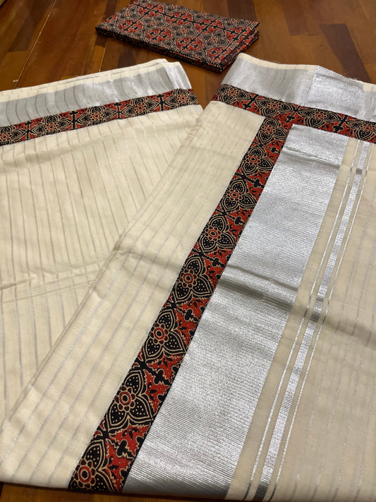 Kerala Pure Cotton Silver Kasavu Striped Saree with Ajrakh Stitched Borders and Matching Blouse Piece