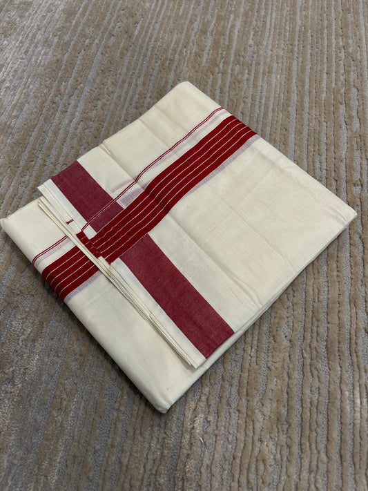 Southloom Pure Cotton Mundu with Red Lines and Red Border (South Indian Kerala Dhoti)