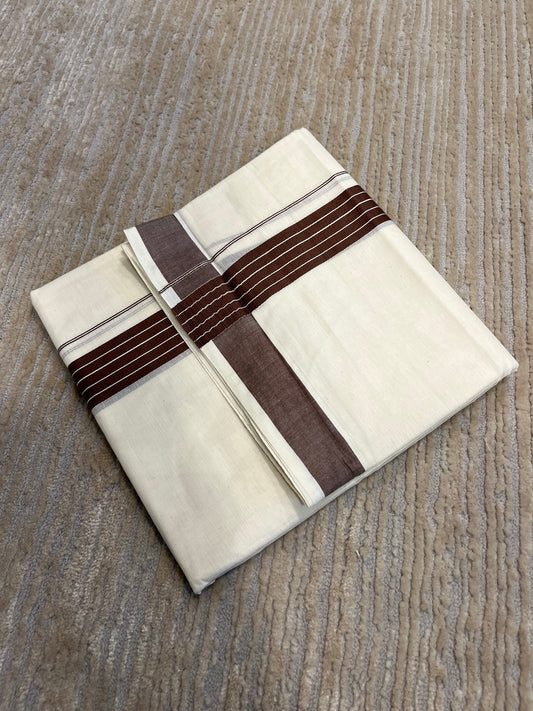Southloom Pure Cotton Mundu with Brown Lines and Brown Border (South Indian Kerala Dhoti)