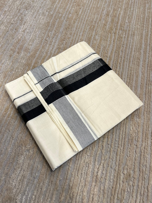 Southloom Pure Cotton Mundu with Black Lines and Black Border (South Indian Kerala Dhoti)