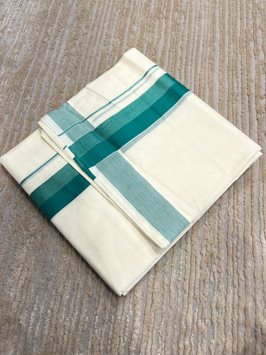 Southloom Pure Cotton Mundu with Green Lines and Green Border (South Indian Kerala Dhoti)