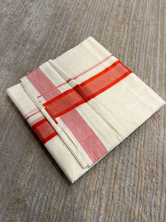 Southloom Pure Cotton Mundu with Silver Lines and Orange Border (South Indian Kerala Dhoti)