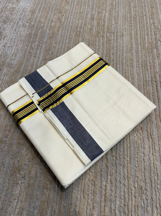Southloom Pure Cotton Mundu with Gold Lines and Blue Border (South Indian Kerala Dhoti)