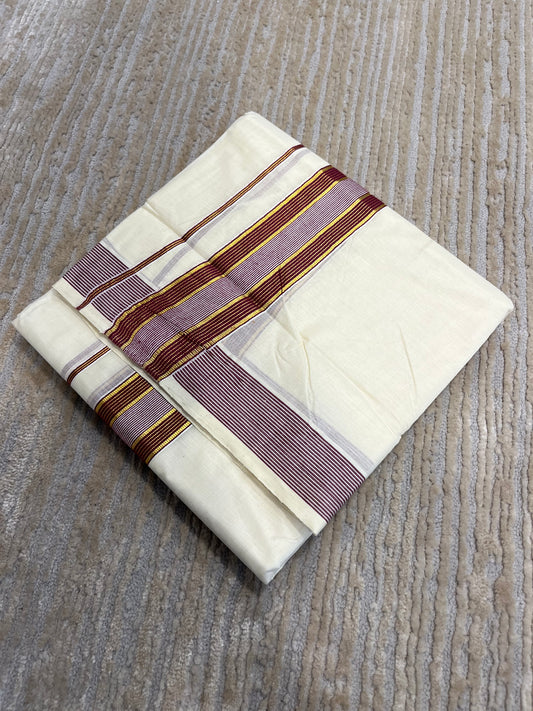 Southloom Pure Cotton Mundu with Gold Lines and Maroon Border (South Indian Kerala Dhoti)
