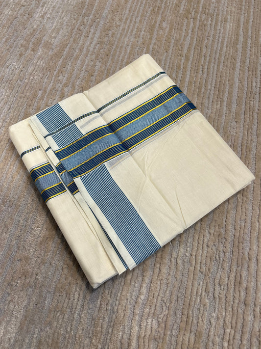 Southloom Pure Cotton Mundu with Gold Lines and Blue Border (South Indian Kerala Dhoti)