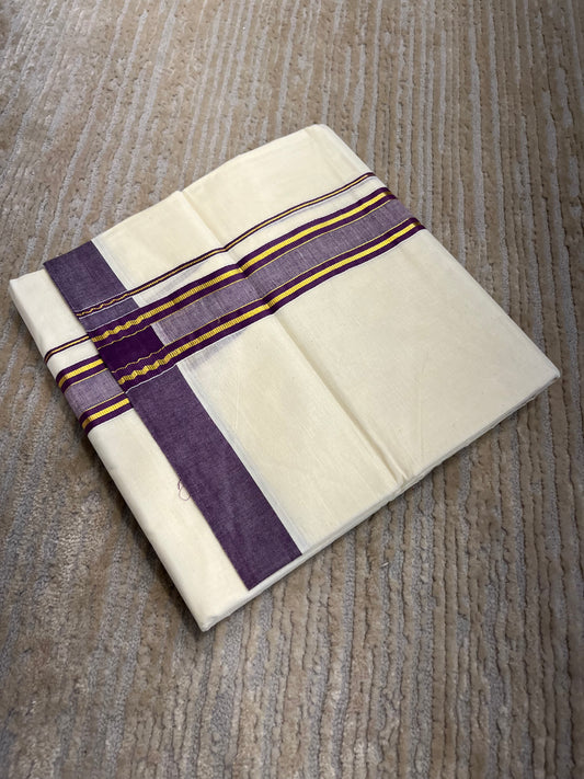 Southloom Pure Cotton Mundu with Gold Lines and Violet Border (South Indian Kerala Dhoti)