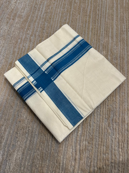 Southloom Pure Cotton Mundu with Blue Lines and Blue Border (South Indian Kerala Dhoti)
