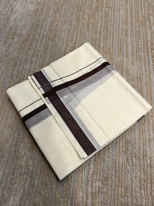 Southloom Pure Cotton Mundu with Brown and Grey Border (South Indian Kerala Dhoti)