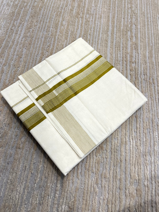 Southloom Pure Cotton Mundu with Olive Green Border (South Indian Kerala Dhoti)