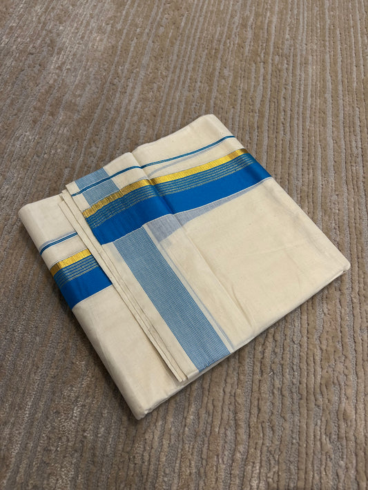 Southloom Pure Cotton Mundu with Gold Lines and Blue Border (South Indian Kerala Dhoti)