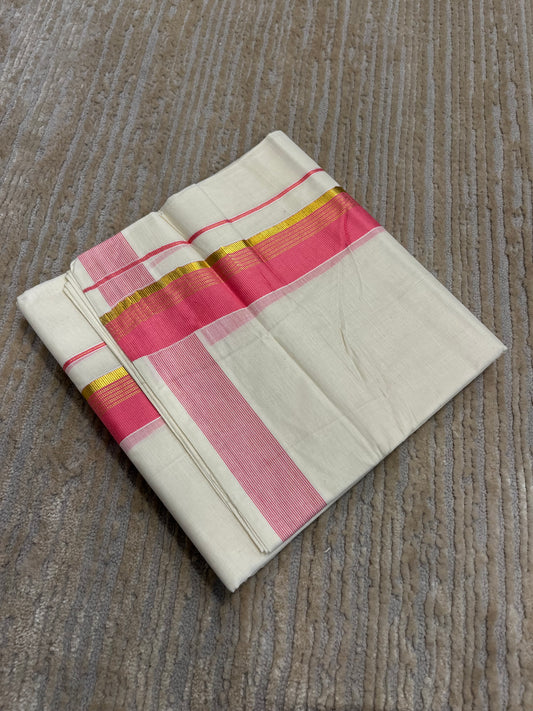 Southloom Pure Cotton Mundu with Gold Lines and Pink Border (South Indian Kerala Dhoti)
