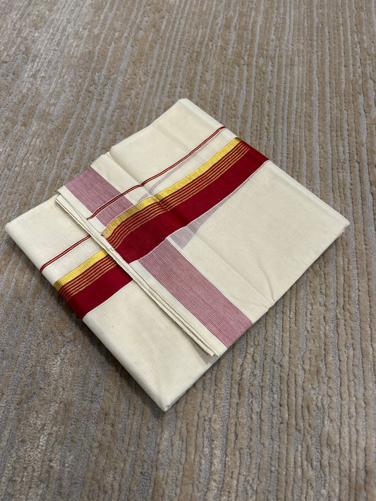 Southloom Pure Cotton Mundu with Gold Lines and Maroon Border (South Indian Kerala Dhoti)