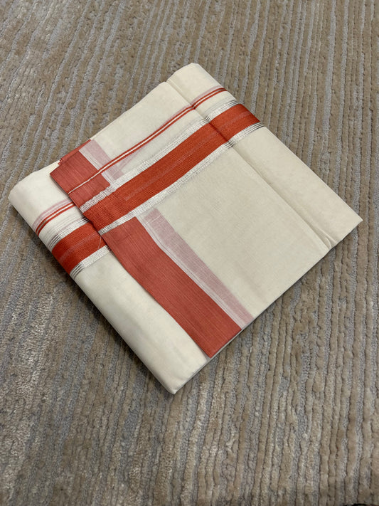 Southloom Pure Cotton Mundu with Silver Lines and Orange Border (South Indian Kerala Dhoti)