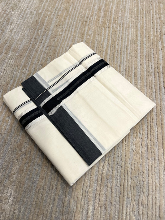 Southloom Pure Cotton Mundu with Silver Lines and Black Border (South Indian Kerala Dhoti)