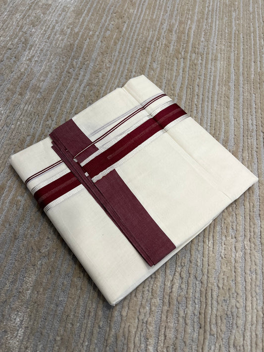 Southloom Pure Cotton Mundu with Silver Lines and Maroon Border (South Indian Kerala Dhoti)