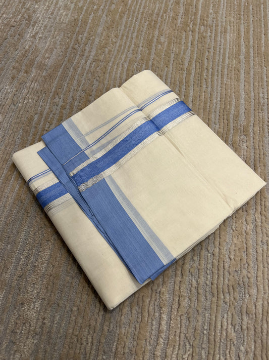 Southloom Pure Cotton Mundu with Silver Lines and Blue Border (South Indian Kerala Dhoti)
