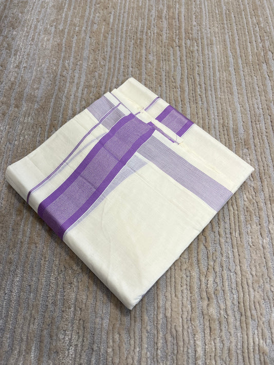 Southloom Pure Cotton Mundu with Silver Lines and Lavender Border (South Indian Kerala Dhoti)