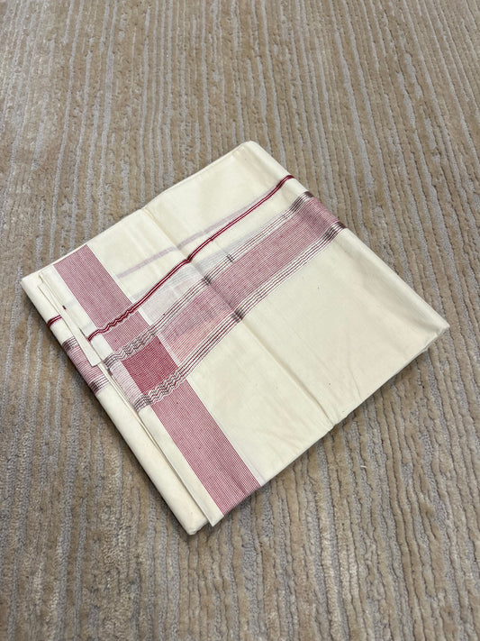 Southloom Pure Cotton Mundu with Silver Lines and Maroon Border (South Indian Kerala Dhoti)