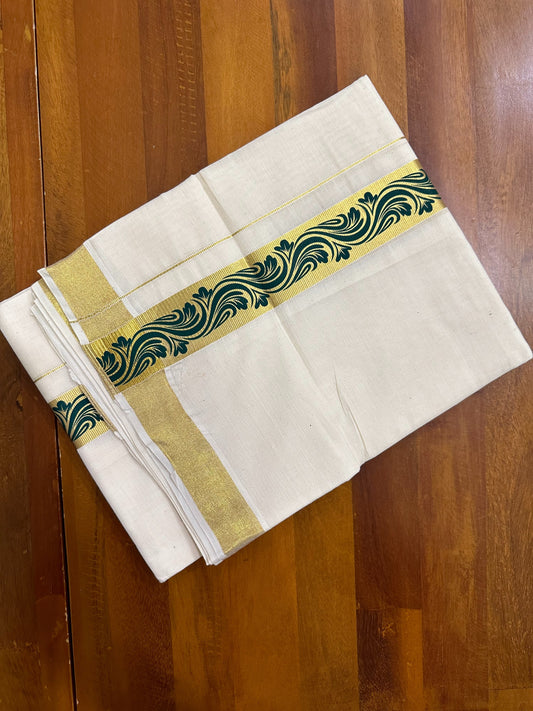 Southloom Kasavu Double Mundu with Green Along Kasavu Kara