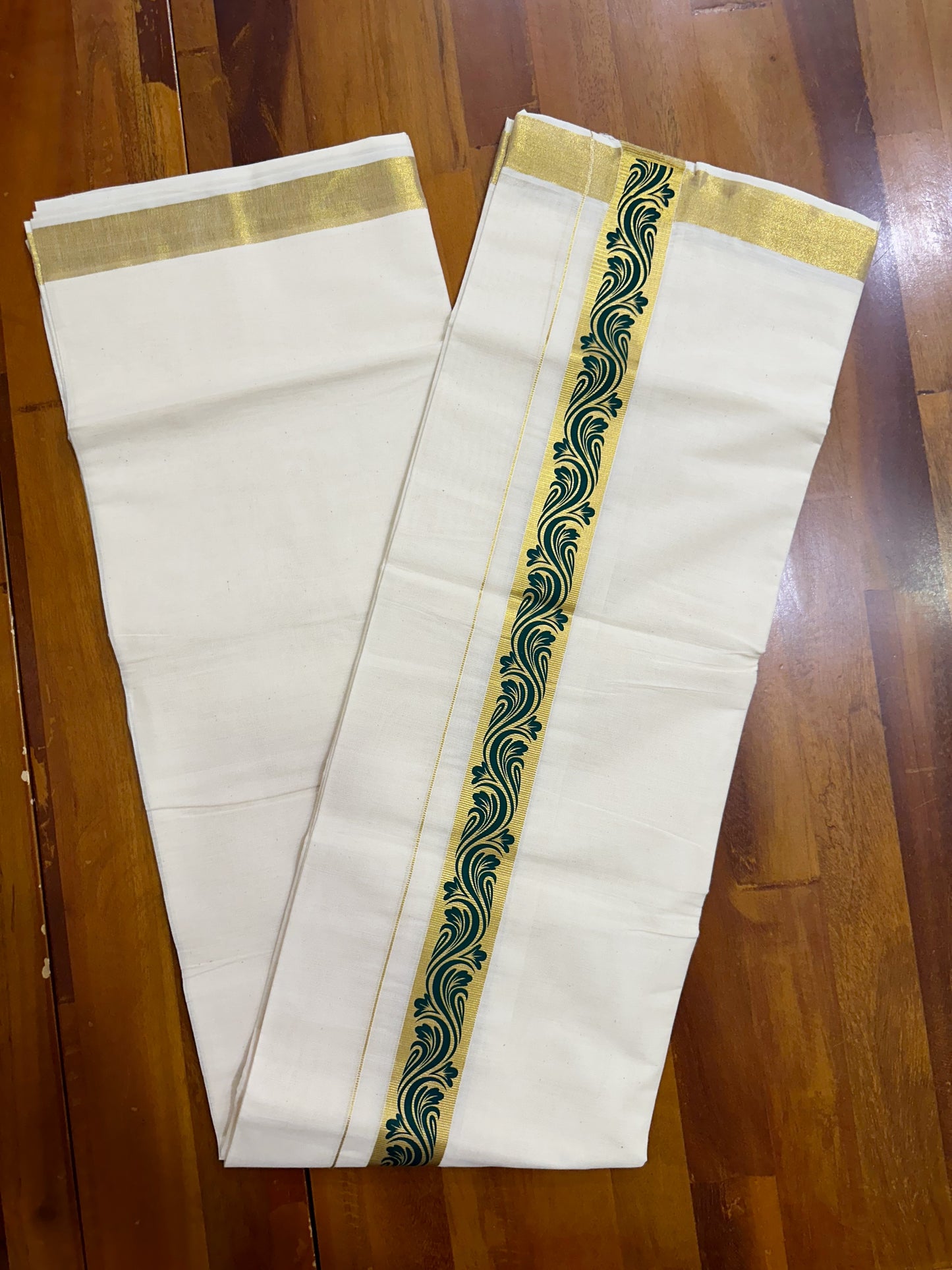 Southloom Kasavu Double Mundu with Green Along Kasavu Kara