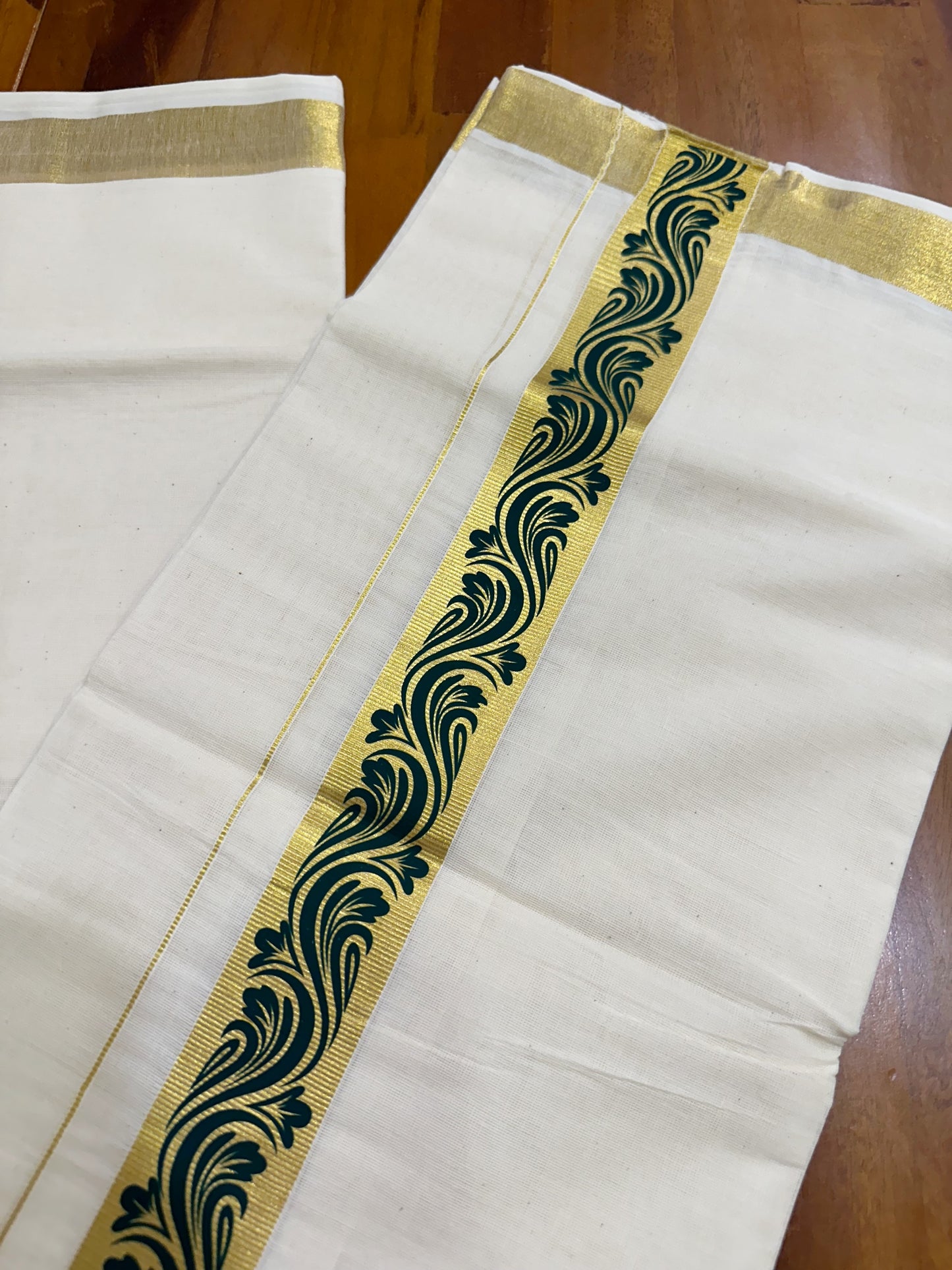 Southloom Kasavu Double Mundu with Green Along Kasavu Kara