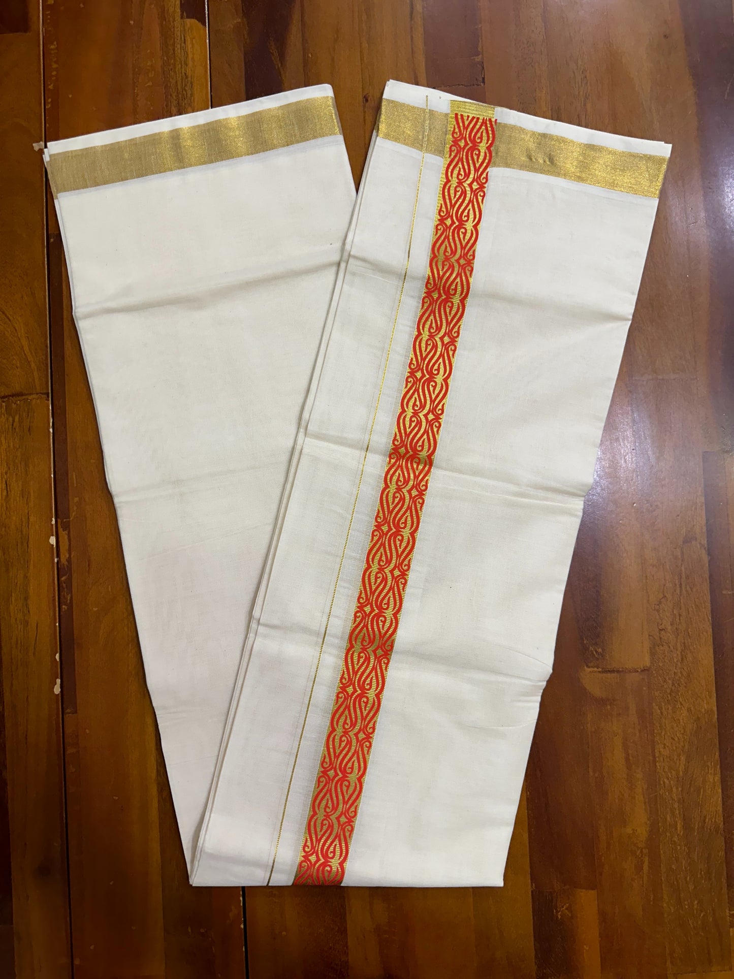 Southloom Kasavu Double Mundu with Orange Along Kasavu Kara