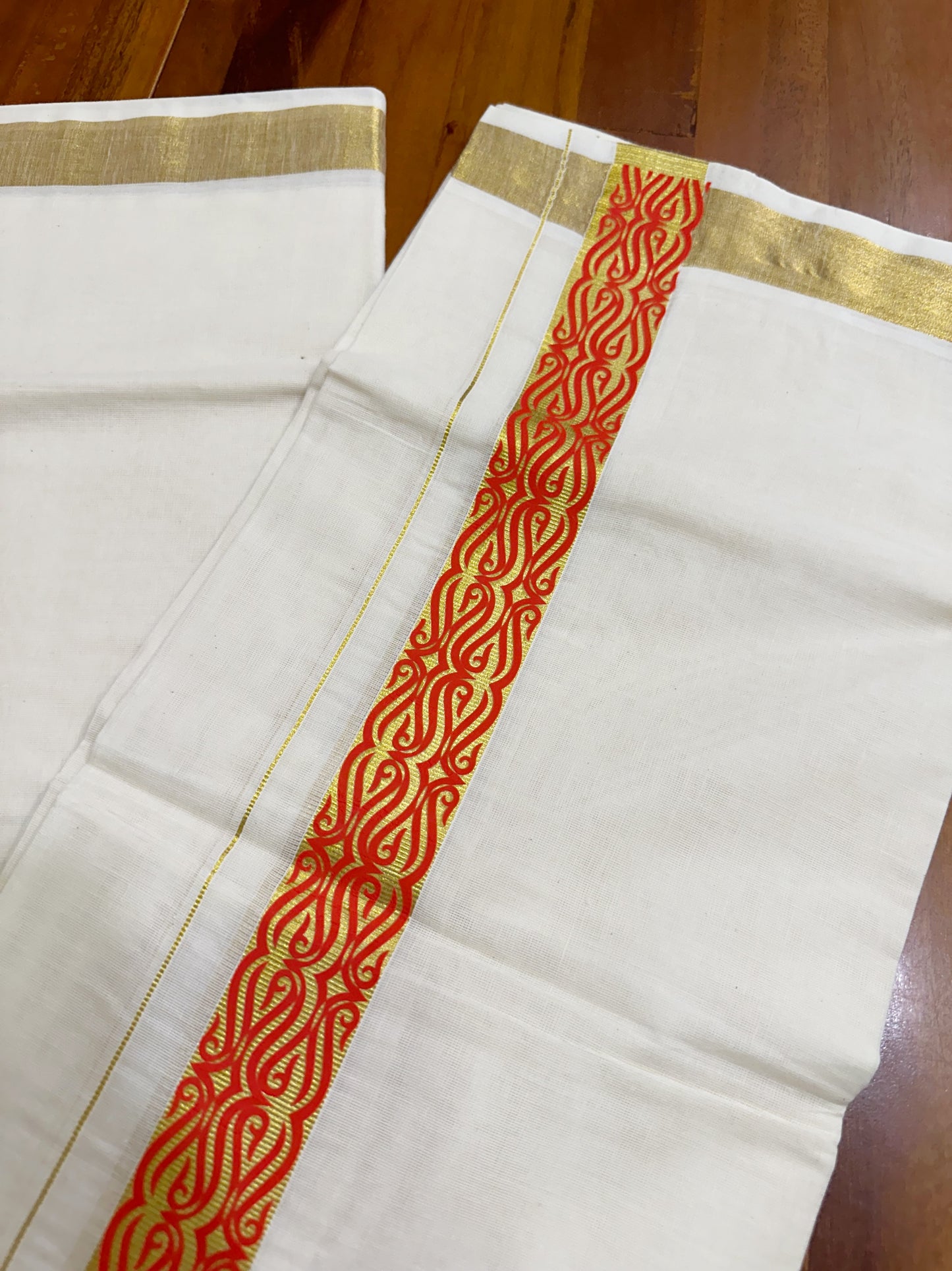 Southloom Kasavu Double Mundu with Orange Along Kasavu Kara