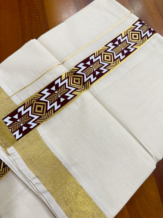 Southloom Kasavu Double Mundu with Tribal / Retro Prints on Kara