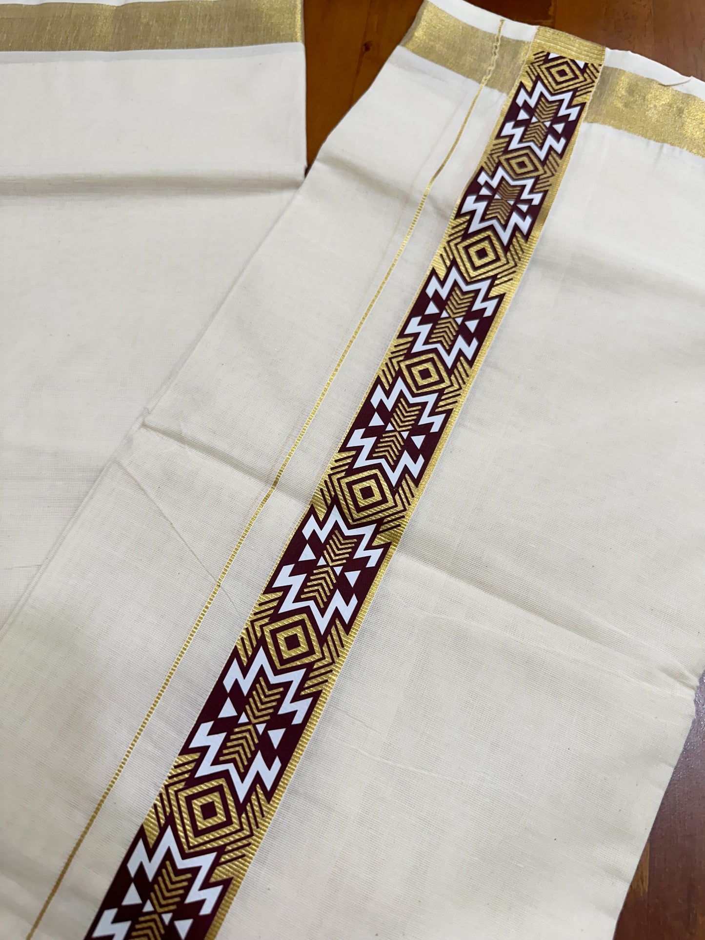 Southloom Kasavu Double Mundu with Tribal / Retro Prints on Kara