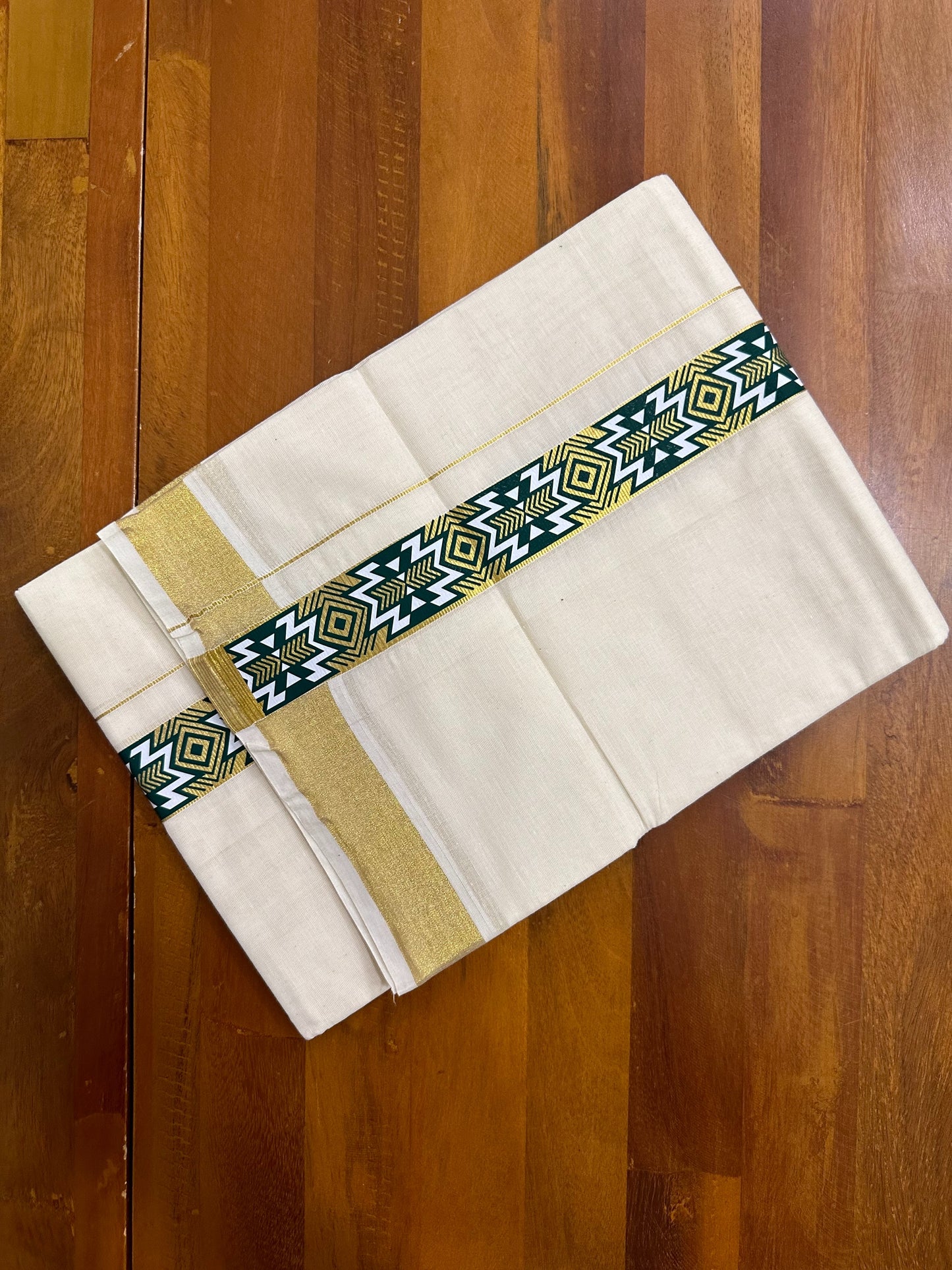 Southloom Kasavu Double Mundu with Green Prints on Kara