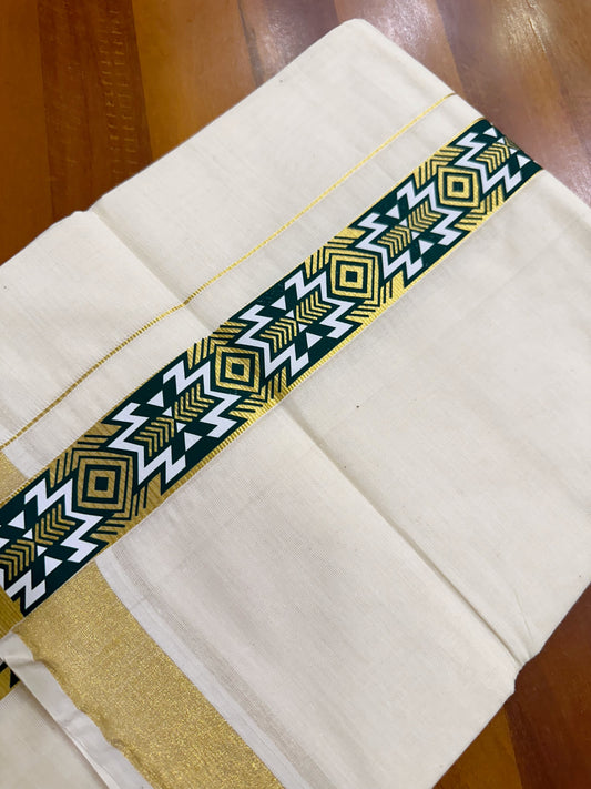 Southloom Kasavu Double Mundu with Green Prints on Kara