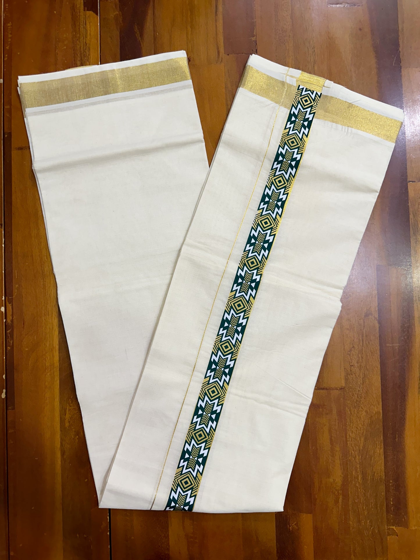 Southloom Kasavu Double Mundu with Green Prints on Kara