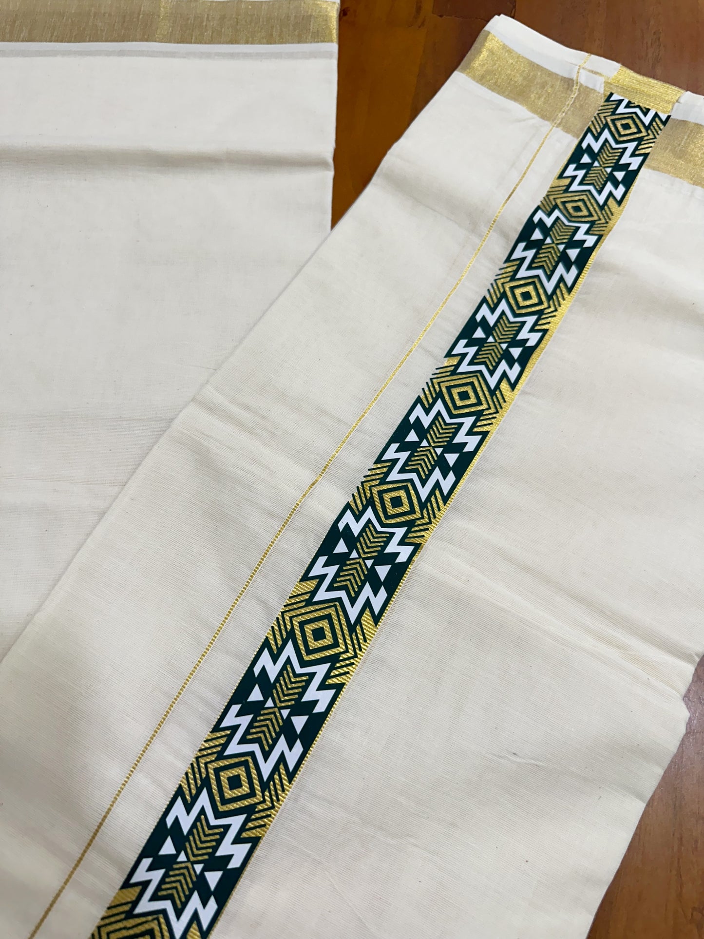 Southloom Kasavu Double Mundu with Green Prints on Kara