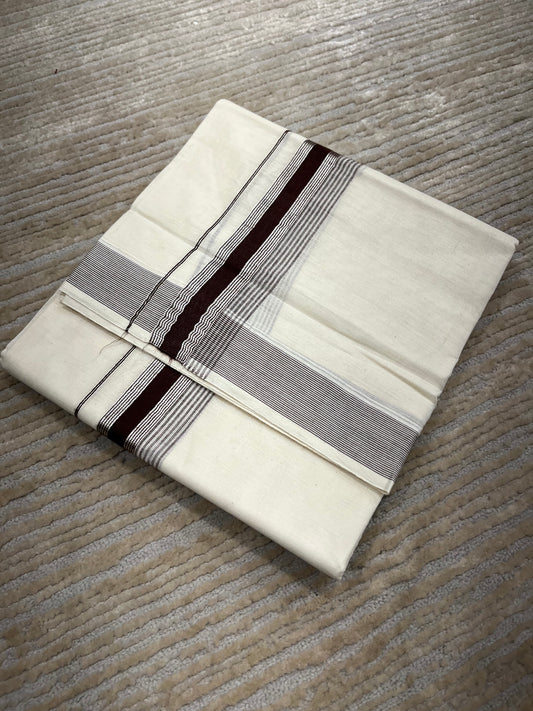 Southloom Pure Cotton Mundu with Silver Lines and Brown Border (South Indian Kerala Dhoti)