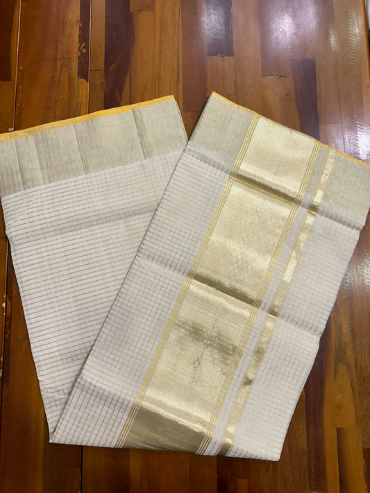 Southloom Balaramapuram Unakkupaavu Handloom Kasavu Saree with Checks Across the Body In Silver and Gold Mixed Kasavu Shade