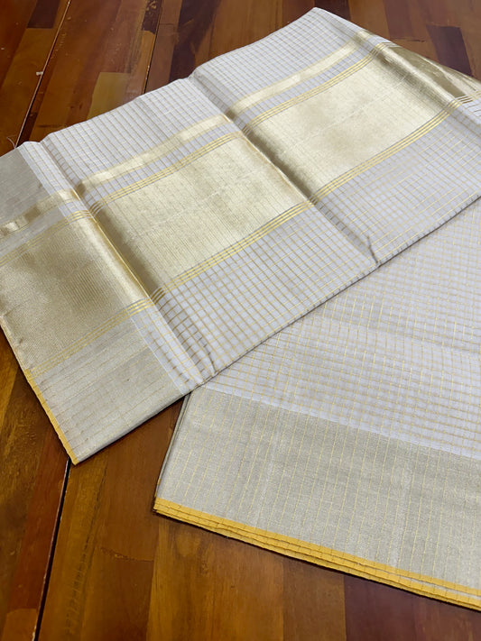 Southloom Balaramapuram Unakkupaavu Handloom Kasavu Saree with Checks Across the Body In Silver and Gold Mixed Kasavu Shade